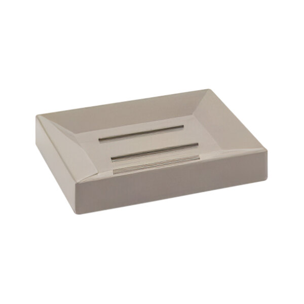 A grey rectangular soap dish with a handle and holes in it.