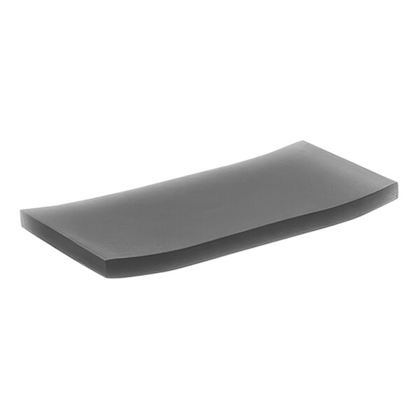 A grey rectangular resin amenity tray with a curved edge.