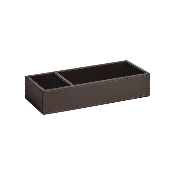 A brown faux leather room360 organizer tray with two rectangular compartments and black stitching.