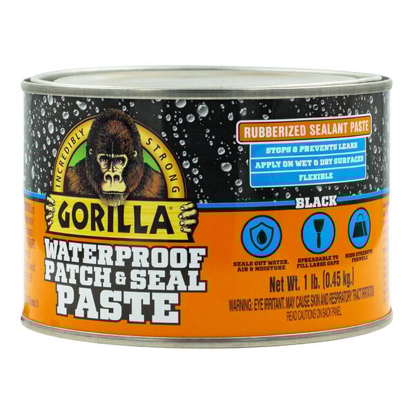 A black can of Gorilla Waterproof Patch & Seal black rubberized sealant paste.