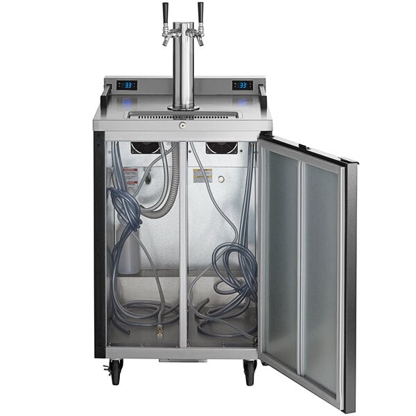 A black Beverage-Air beer dispenser with 2 open doors.