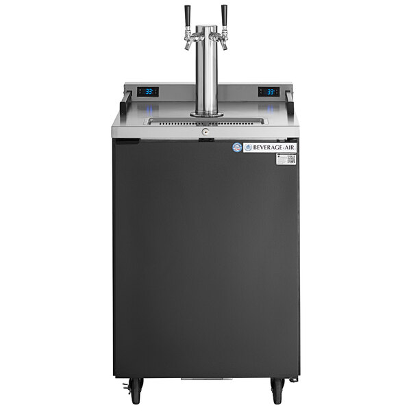 A black Beverage-Air beer dispenser with dual taps on a white background.