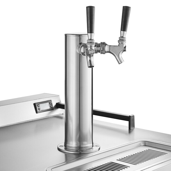 A black metal Beverage-Air beer tap with two silver handles.