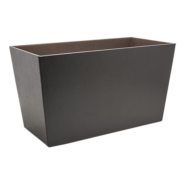 A black rectangular room360 London faux leather recycling wastebasket with a brown lid.