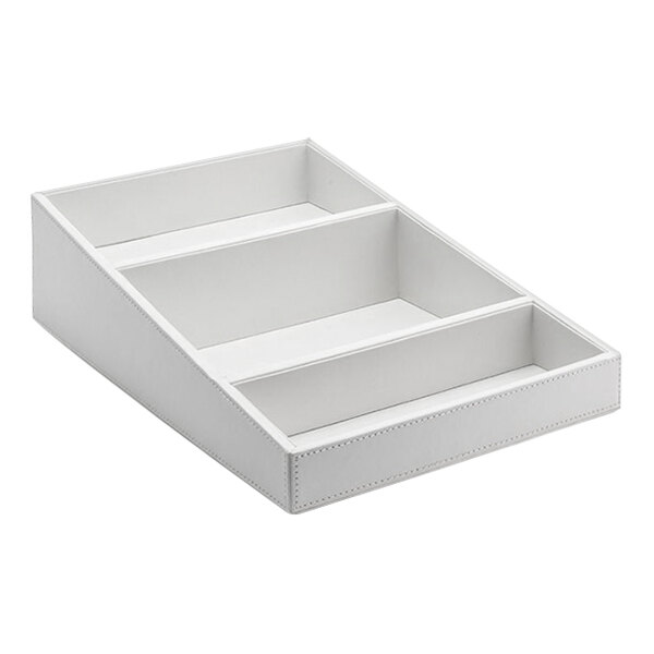 A white room360 faux leather organizer with three compartments.