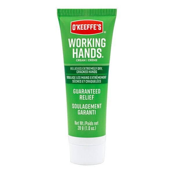 A green tube of O'Keeffe's Working Hands hand cream with white text.