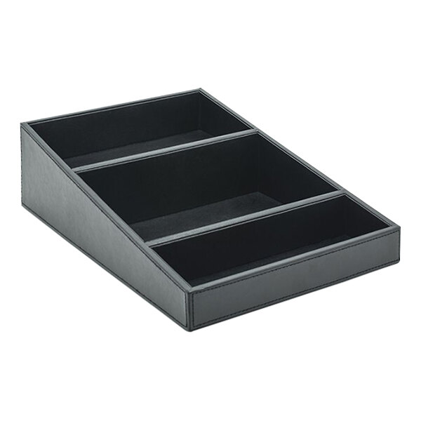 A room360 black faux leather organizer with three compartments.