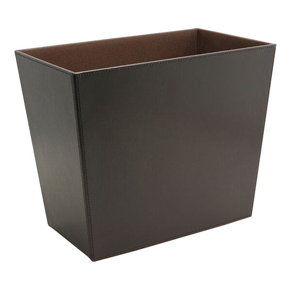 A black rectangular room360 recycling wastebasket with brown faux leather inside.