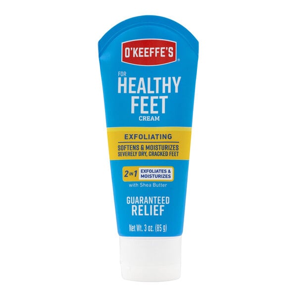 A blue and yellow tube of O'Keeffe's Healthy Feet cream.