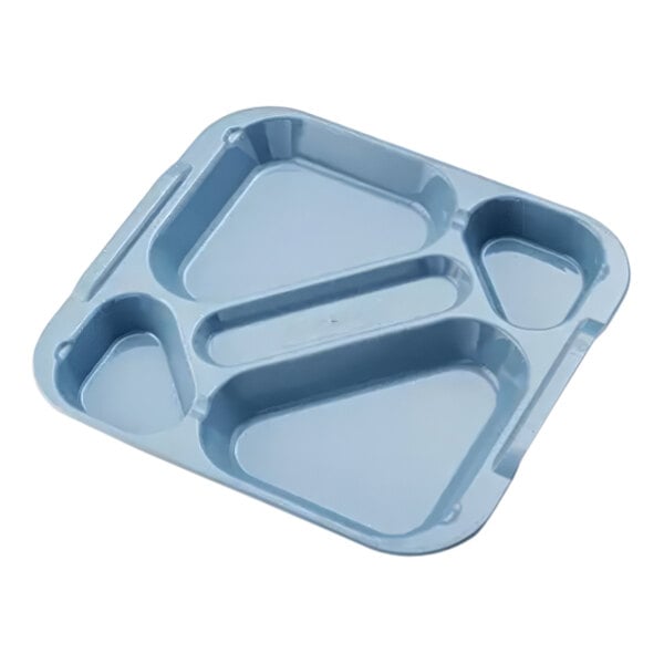 A blue tray with four compartments.