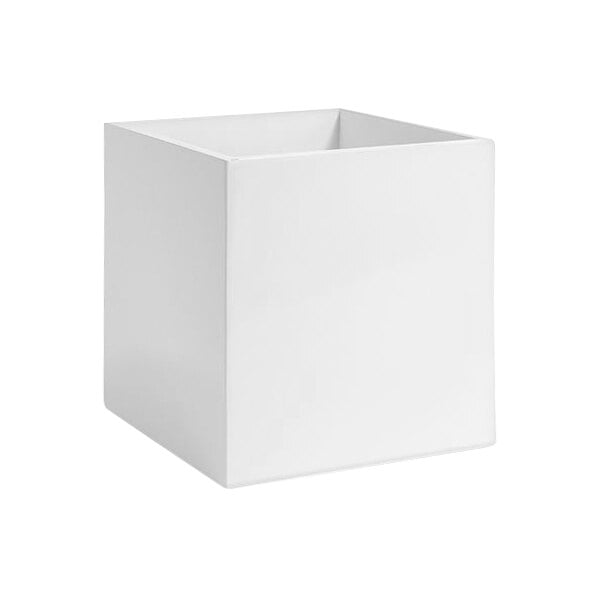 A white resin cube wastebasket with a lid.