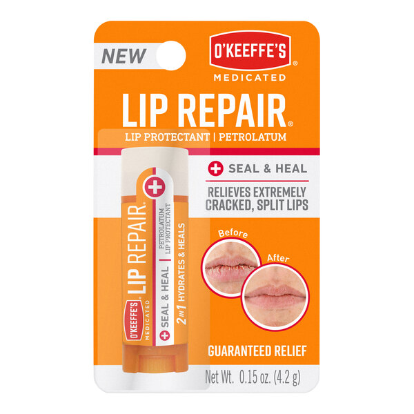 O'Keeffe's Lip Repair Seal and Heal Lip Protectant package with a close-up of the label.