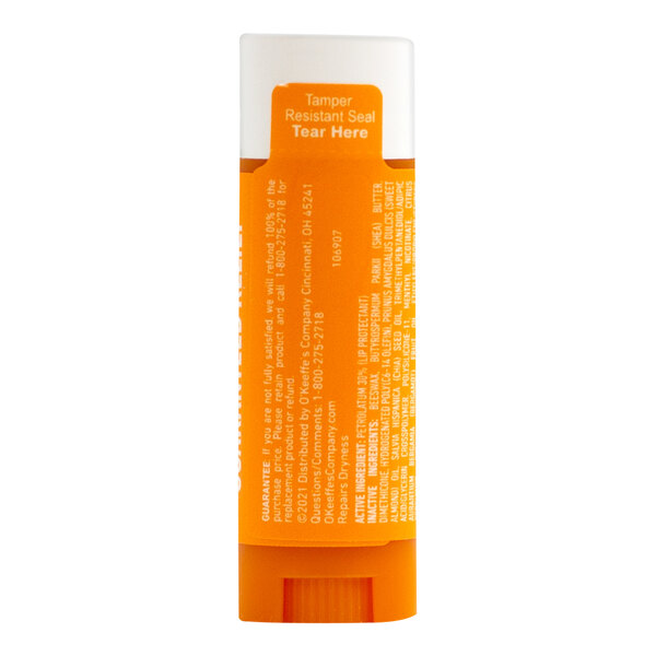 A close up of a tube of O'Keeffe's Lip Repair Seal and Heal Lip Protectant with an orange label.