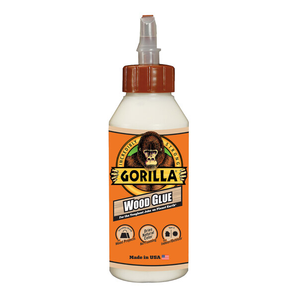A white bottle of Gorilla 8 oz. wood glue with an orange label.