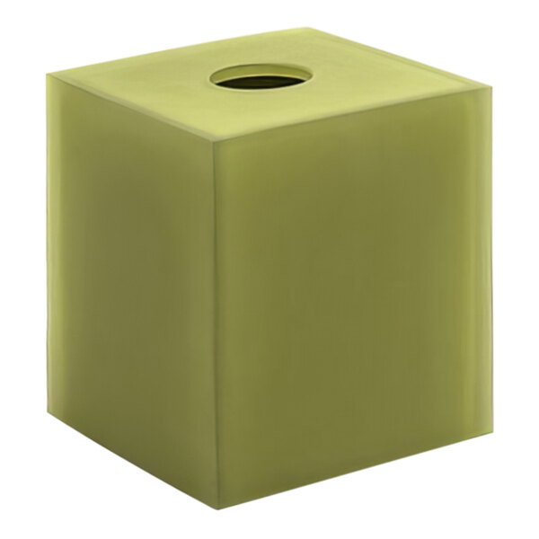 A sage green square resin tissue box cover with a hole in the top.