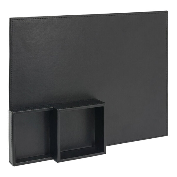 A black rectangular faux leather tray with two small boxes inside.