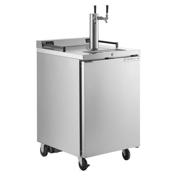 A stainless steel Beverage-Air beer dispenser with a stainless steel door.