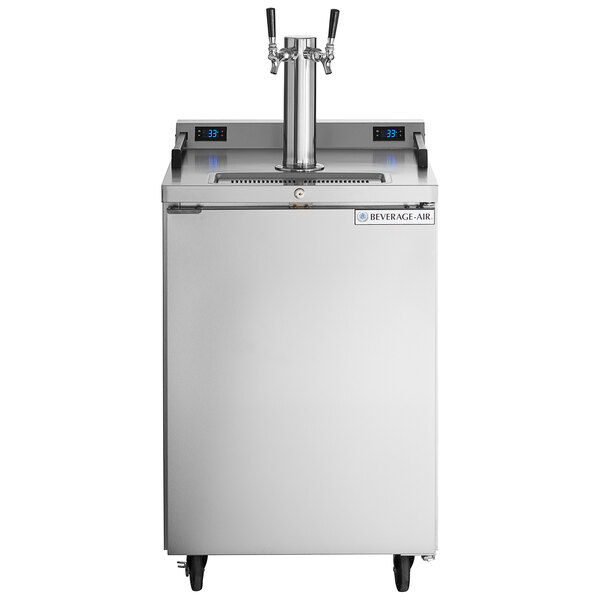 A stainless steel Beverage-Air beer dispenser with two taps.