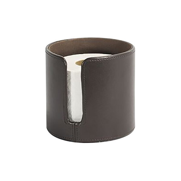 A brown faux leather room360 London toilet paper holder with a roll of toilet paper.