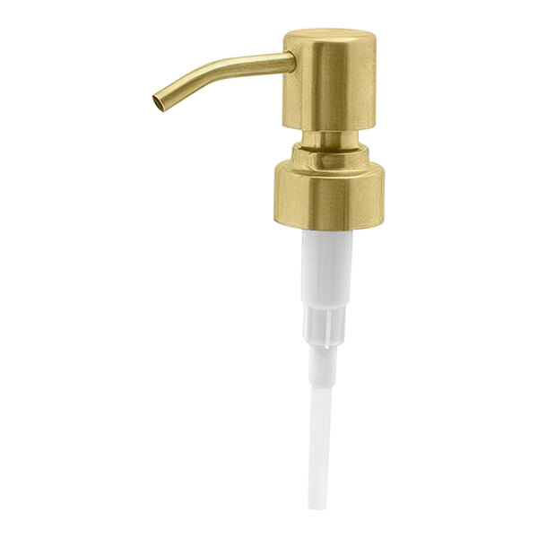 A matte brass soap pump with white plastic components.