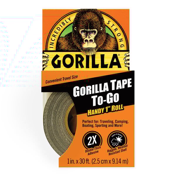 A roll of Gorilla Tape To-Go with black packaging and orange and black labels.