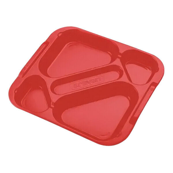 An Araven red polypropylene tray with five compartments.