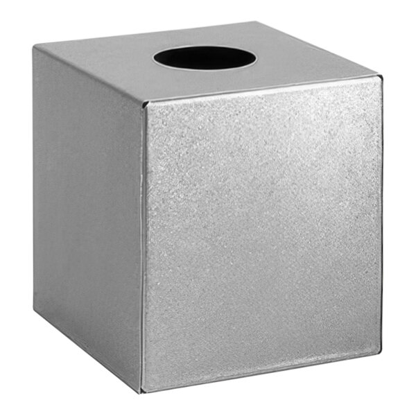 A silver stainless steel square tissue box cover with a hole in the middle.