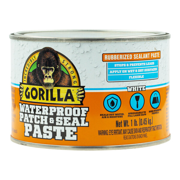 A white and yellow can of Gorilla Waterproof Patch & Seal white rubberized sealant paste with a gorilla on it.