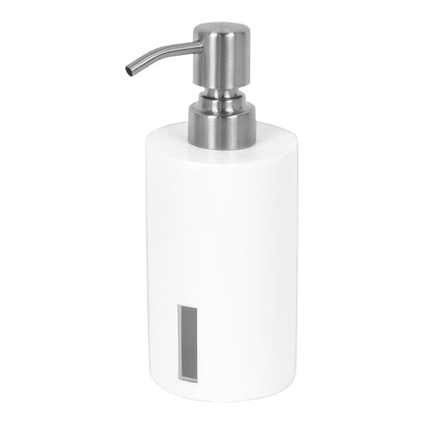 A white room360 Shell soap dispenser with a silver brushed stainless pump top.