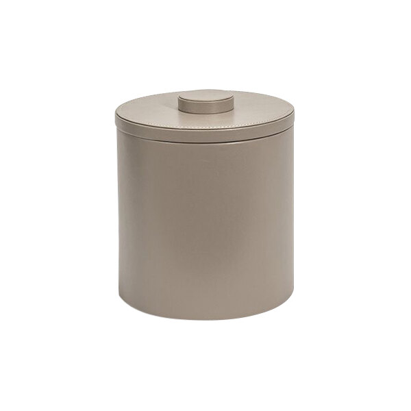 A London beige faux leather ice bucket with a stone lid.