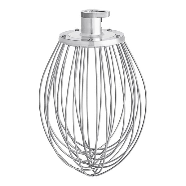 A silver wire whip with a handle for a Hobart mixer.