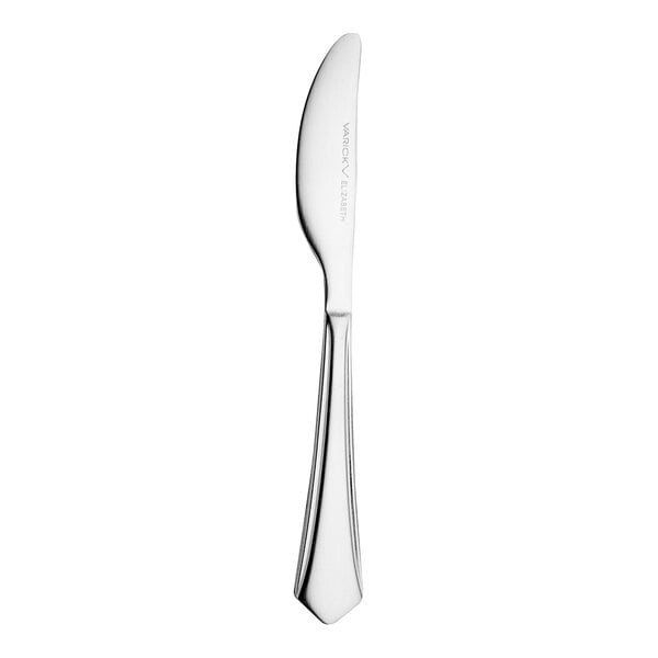 A silver butter knife with a silver handle.