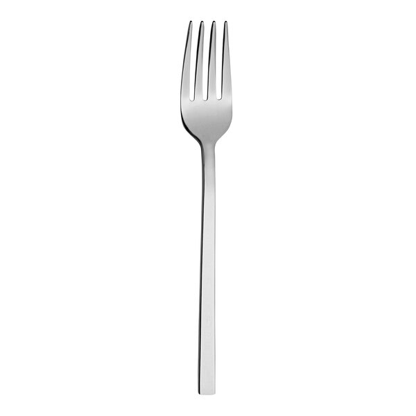 A close-up of a Varick Lissome stainless steel salad/dessert fork with a black handle.