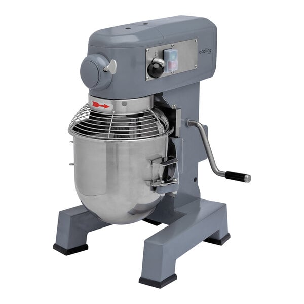 An Ecoline by Hobart commercial stand mixer with a metal bowl on top.