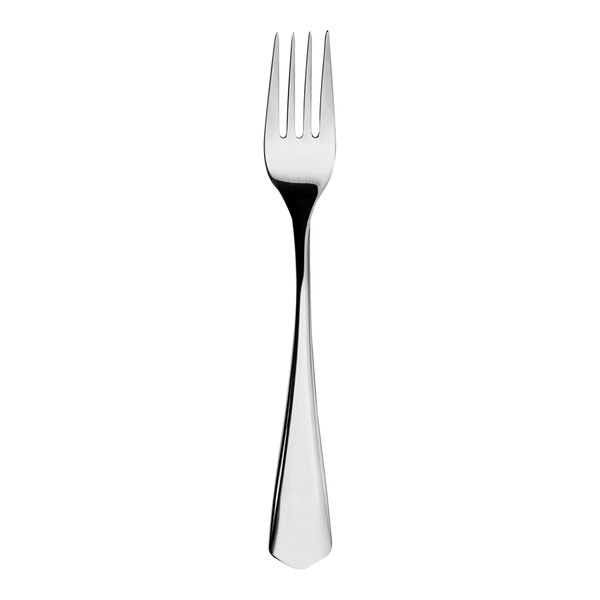 A silver fork with a white handle.