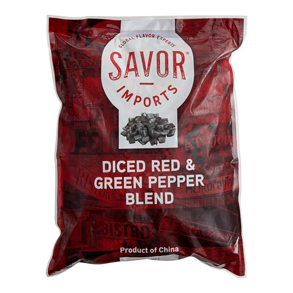 A bag of Savor Imports diced red and green pepper blend.