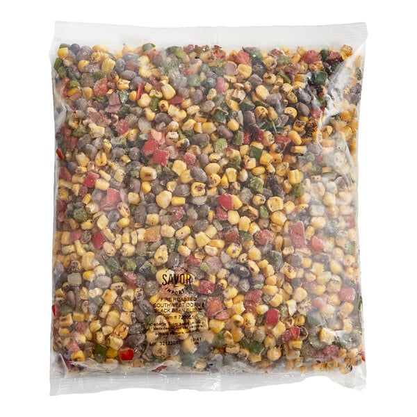 A white plastic bag of Savor Imports Fire-Roasted Southwest Vegetable Blend with corn and beans.