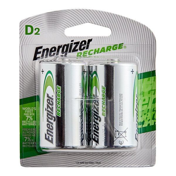 A package of 2 Energizer Recharge D NiMH batteries.
