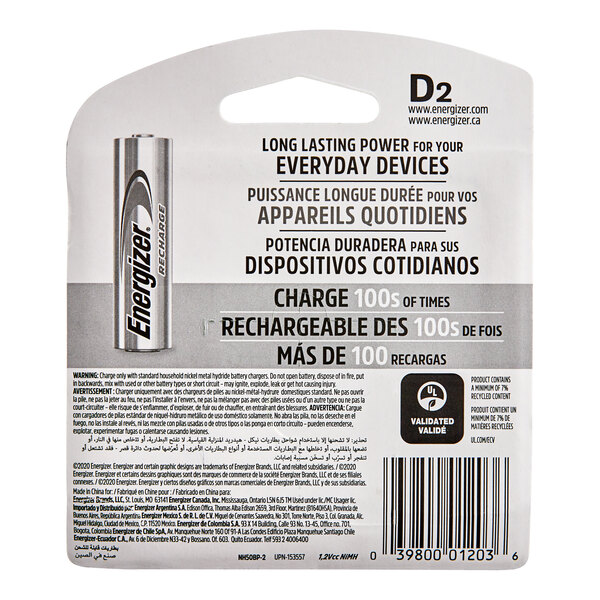 A package of 2 Energizer D NiMH rechargeable batteries.