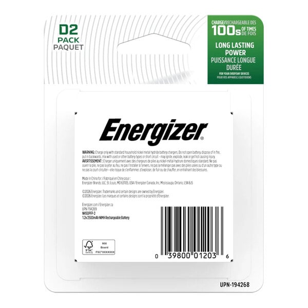 The image shows the back packaging of an Energizer rechargeable battery pack, featuring product information, warnings, a barcode, and branding.