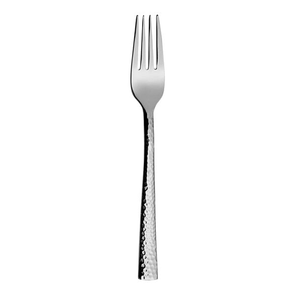 A Varick Malcolm stainless steel dinner fork with a silver handle.