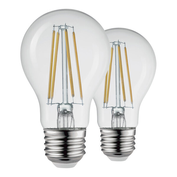 A close-up of two Globe Dusk-To-Dawn LED light bulbs with yellow accents.