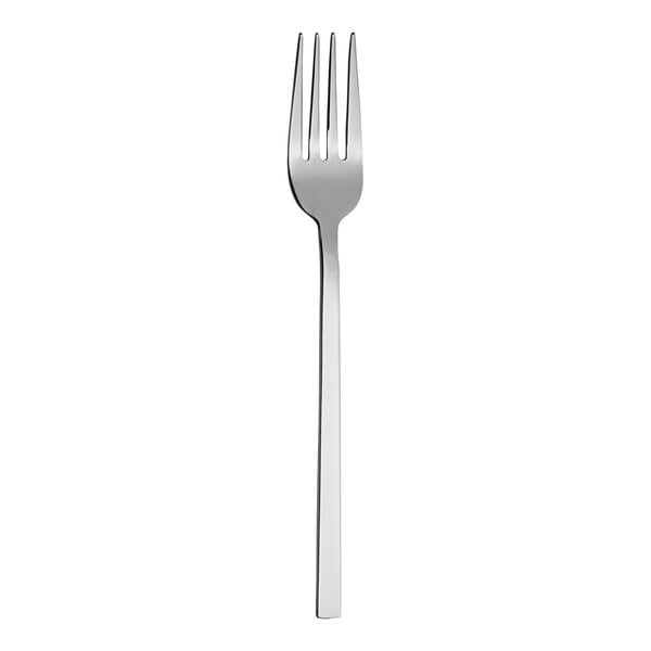 A silver fork with a white handle.