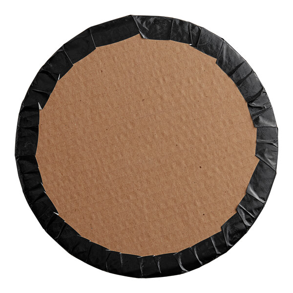 A circular cardboard Enjay black round cake drum with black tape around it.