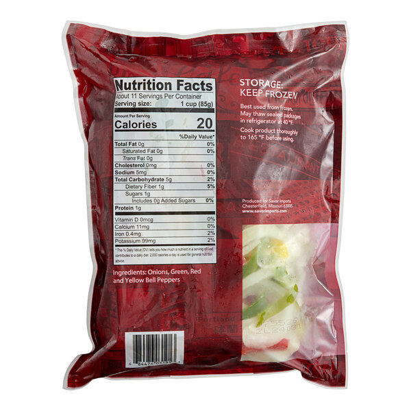 A red bag of Savor Imports IQF Sliced Peppers and Onions Fajita Blend with a label.