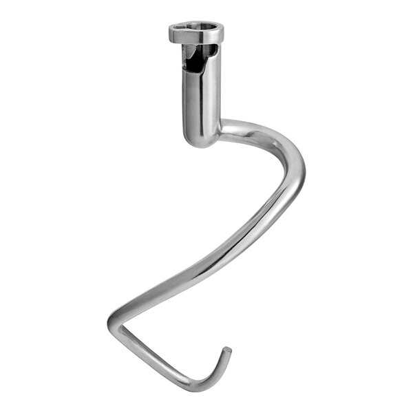 A stainless steel spiral dough hook with a curved handle.