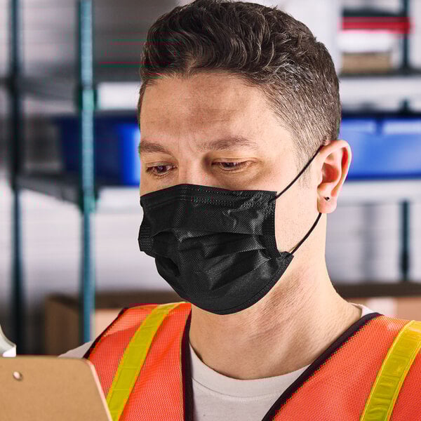 Lavex 3-Ply Black Disposable Polyethylene Protective Face Mask - 50/Box