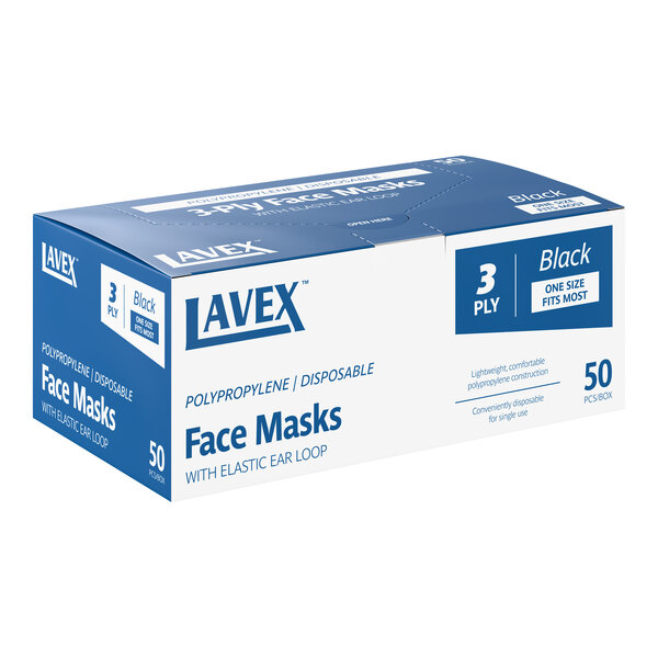 A box of 50 Lavex 3-ply black disposable polyethylene protective face masks with elastic ear loops.