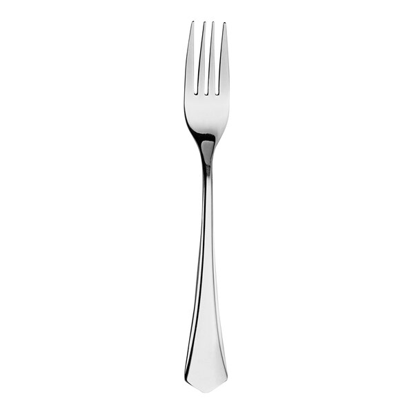 A silver fork with a white handle.