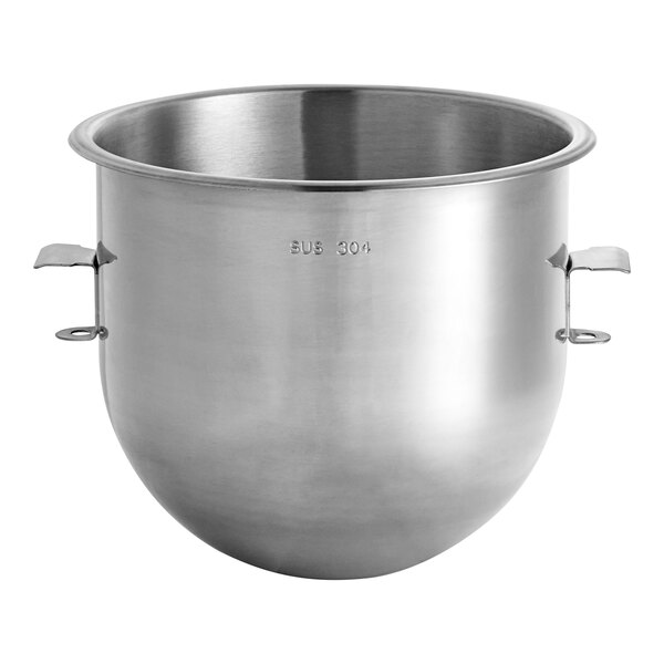 A silver stainless steel Ecoline by Hobart mixing bowl with two handles.